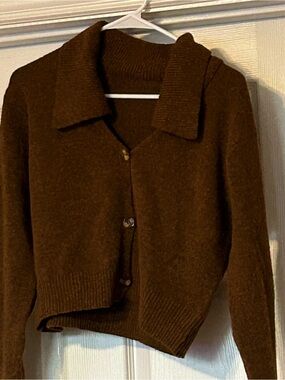 Commense Deep Brown Button-Up Collared Knit Cardigan
